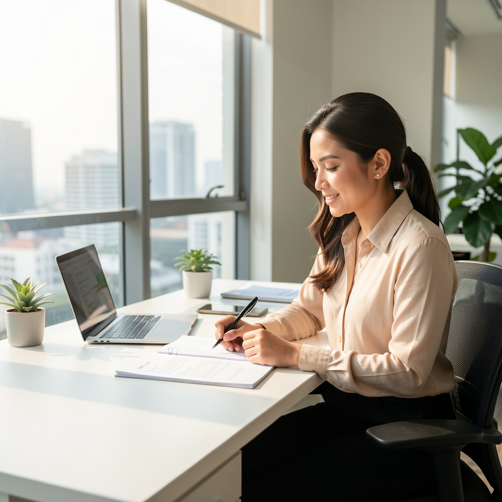 Wellness specialist reviewing nutrition documentation spread on a clean wooden desk with natural light from a Jakarta office window