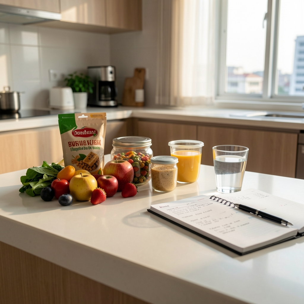 Morning light falling on a clean kitchen counter with whole foods, a glass of water, and a nutrition tracking notebook in a Jakarta apartment