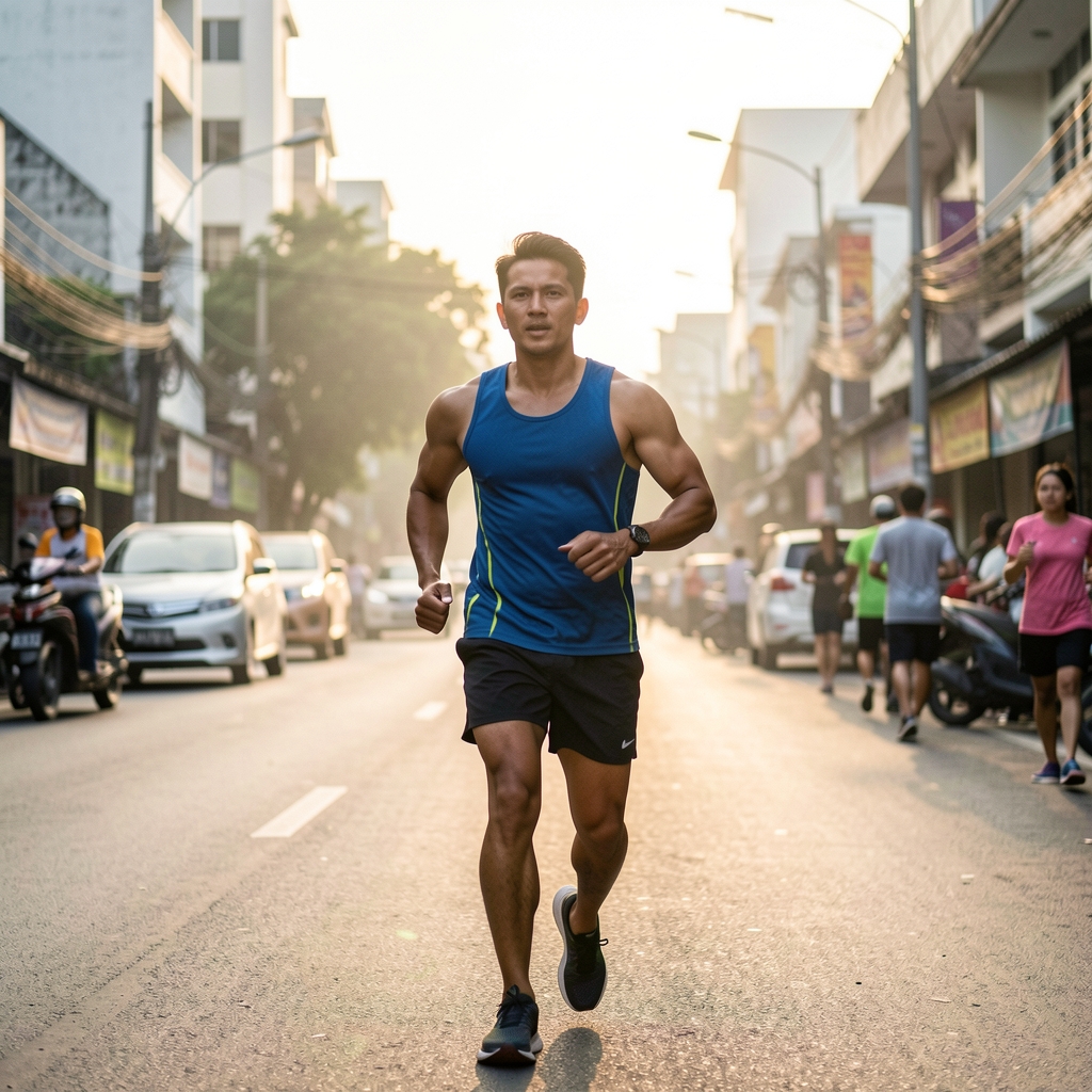 Active man in early morning light preparing for an outdoor run along Jakarta streets, wearing athletic gear