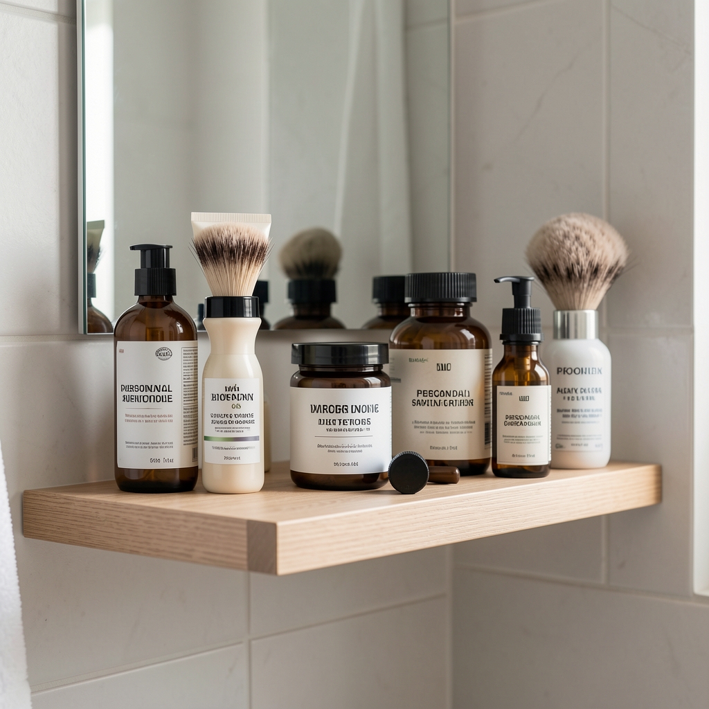 Well-organised grooming products arranged on a bathroom shelf representing a structured daily personal care routine for men