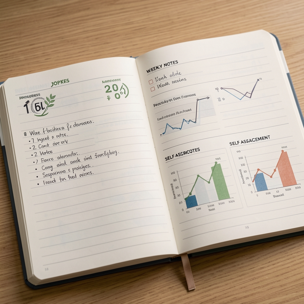Open wellness journal showing progress metrics, weekly notes, and self-assessment charts filled in by hand on a clean ruled page