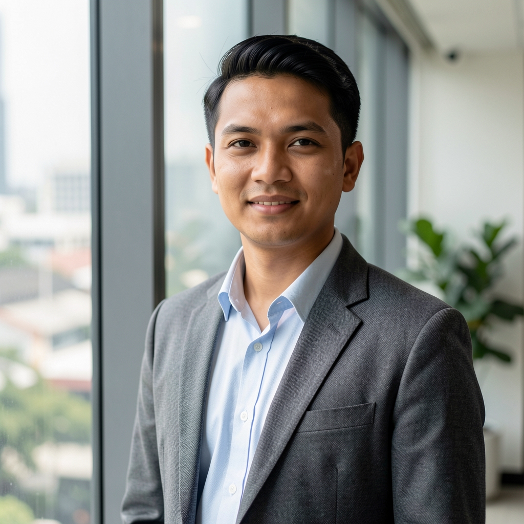 Portrait of the Tarno editorial specialist standing near a window in the Jakarta editorial office, wearing casual professional attire