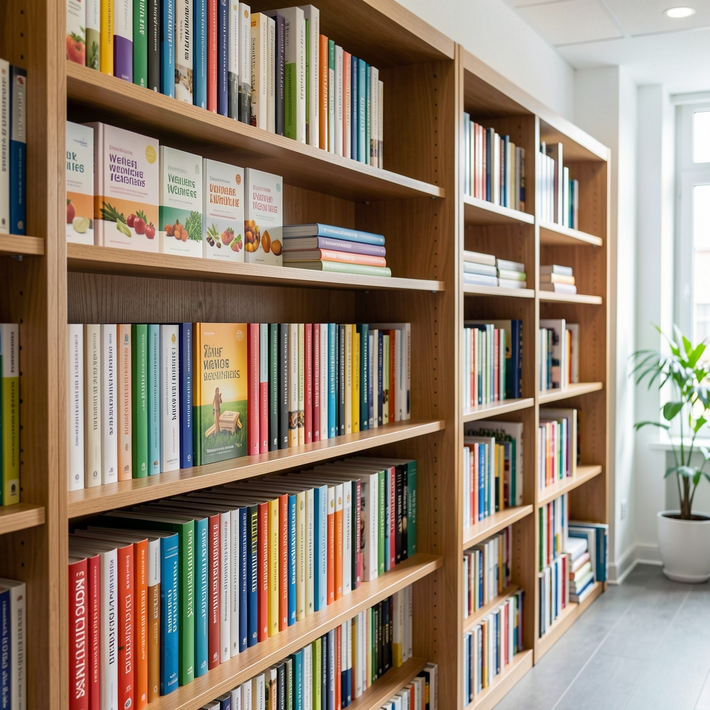 Rows of wellness reference books and nutrition journals neatly arranged on wooden shelves in the Tarno editorial office